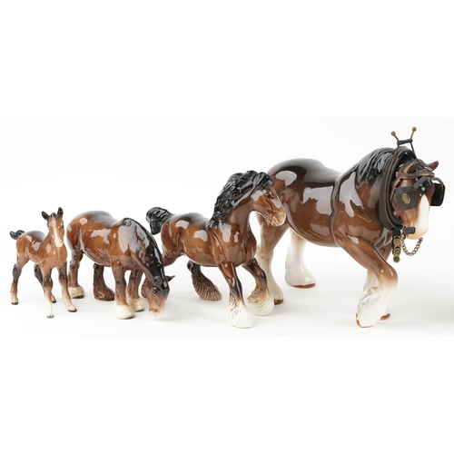 441 - Six Beswick brown horses and two Sylvac horses including a large Shire horse, the largest 34cm in le... 