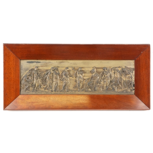 206 - An early 20th century cast metal wall plaque moulded in relief depicting classical figures within a ... 