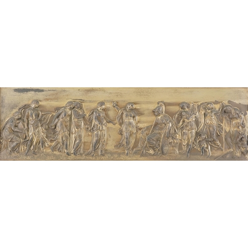 206 - An early 20th century cast metal wall plaque moulded in relief depicting classical figures within a ... 