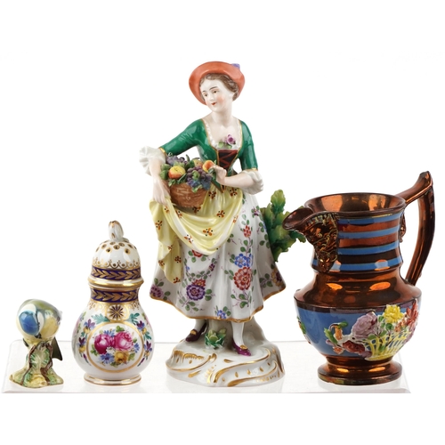 1362 - A small group of British and continental ceramics and glass including a continental porcelain figure... 