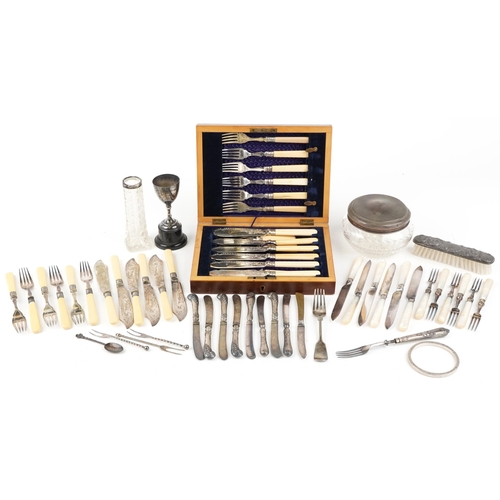 1341 - Antique and later silver and silver plate including silver handled butter knives, a cased set of fis... 