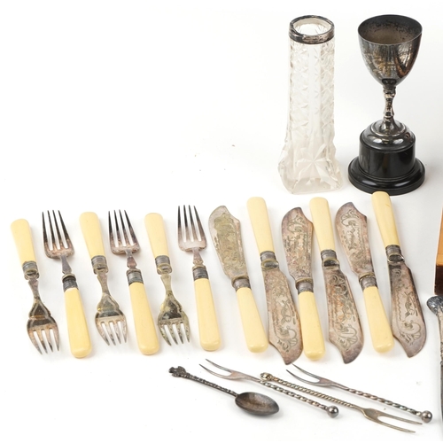 1341 - Antique and later silver and silver plate including silver handled butter knives, a cased set of fis... 