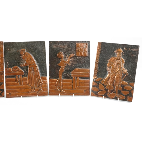 313 - A set of six Dicken's characters coppered wall plaques comprising The Artful Dodger, Nancy, Fagin, O... 