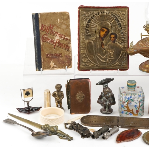 1376 - A collection of antique and later sundry items including a messenger's oil lamp in the form of a Gen... 