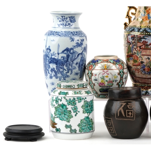 1216 - Chinese and Japanese ceramics including blue and white transfer printed vases, a pair of stoneware g... 