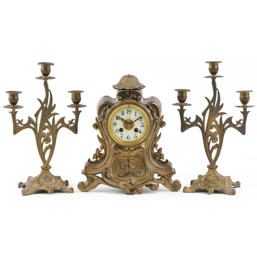 330 - Japy Frères, a French gilt brass three piece clock garniture, the striking clock having enamelled di... 