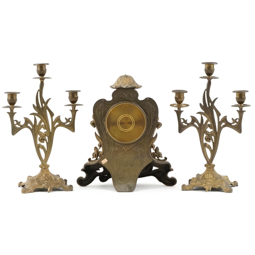 330 - Japy Frères, a French gilt brass three piece clock garniture, the striking clock having enamelled di... 