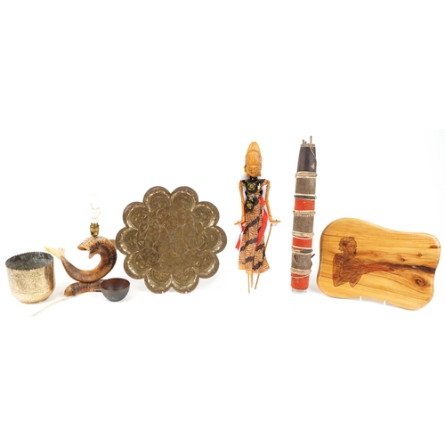 1377 - Sundry items including Middle Eastern brass tray and vase, Thai puppet and an African quiver with ar... 