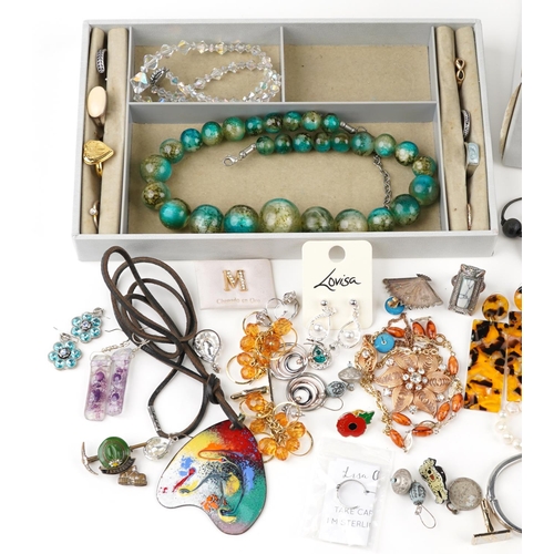 633 - Vintage and later jewellery and wristwatches, some silver, including earrings, polished stone neckla... 