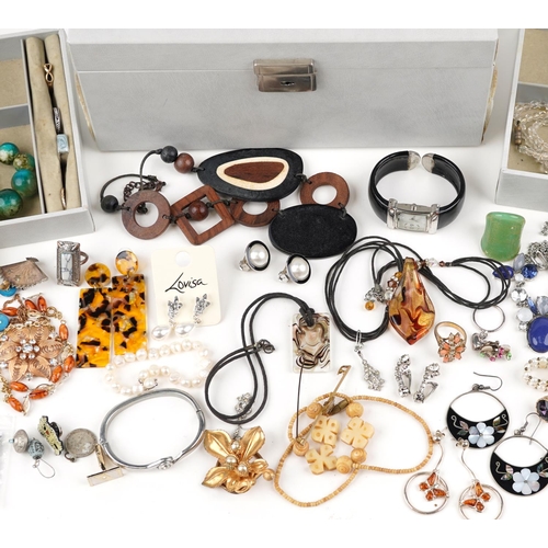 633 - Vintage and later jewellery and wristwatches, some silver, including earrings, polished stone neckla... 