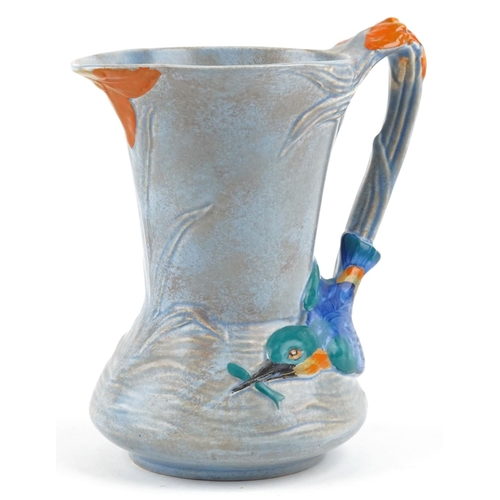 191 - An Art Deco Burleigh ware pottery jug, hand painted with a kingfisher, 19cm high.