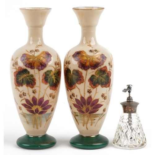 251 - A pair of early 20th century French hand painted opaline glass vases, 28cm high, together with a sil... 