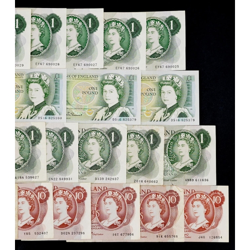 1505 - Vintage 1960s and later one pound notes and ten shilling notes, including a consecutive run of five ... 