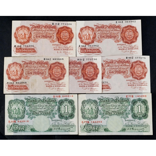 1503 - Two 1940s Peppiatt Bank of England one pound notes and five Beale and O'Brien ten shilling notes.