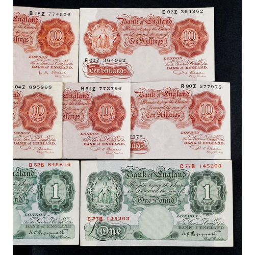 1503 - Two 1940s Peppiatt Bank of England one pound notes and five Beale and O'Brien ten shilling notes.