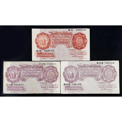 1504 - A Peppiatt Bank of England brown 1940s ten shilling note, serial number B76006530 and two mauve Pepp... 