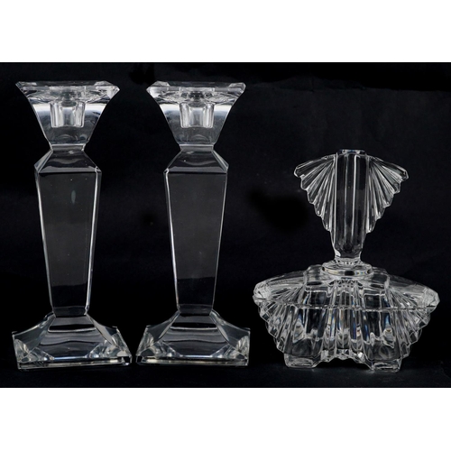 1223 - A pair of Bohemia Crystal glass candlesticks, 19cm high, boxed, together with a cut glass dressing t... 