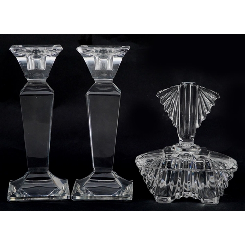 1223 - A pair of Bohemia Crystal glass candlesticks, 19cm high, boxed, together with a cut glass dressing t... 