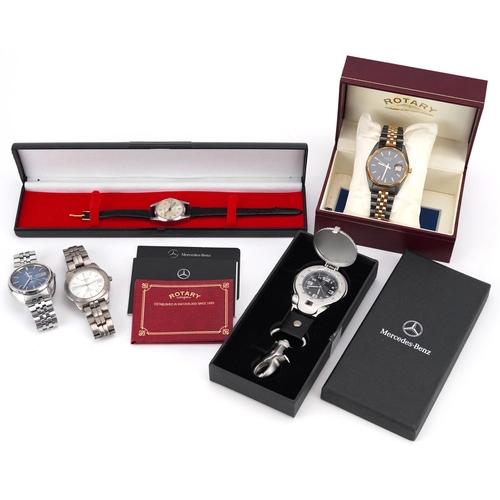 2575 - Four vintage gentlemen's wristwatches and a Mercedes Benz fob watch comprising Rotary, Tissot, Seiko... 