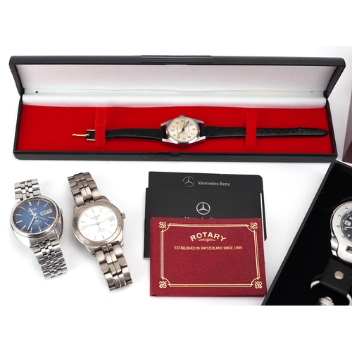 2575 - Four vintage gentlemen's wristwatches and a Mercedes Benz fob watch comprising Rotary, Tissot, Seiko... 