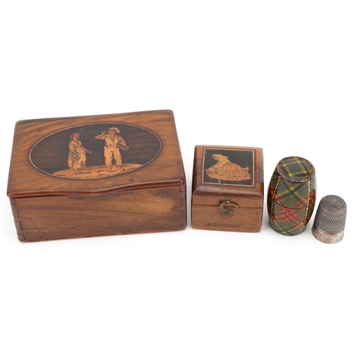 126 - Two Sorrento ware trinket boxes and a Tartan ware thimble case housing a silver thimble, the largest... 