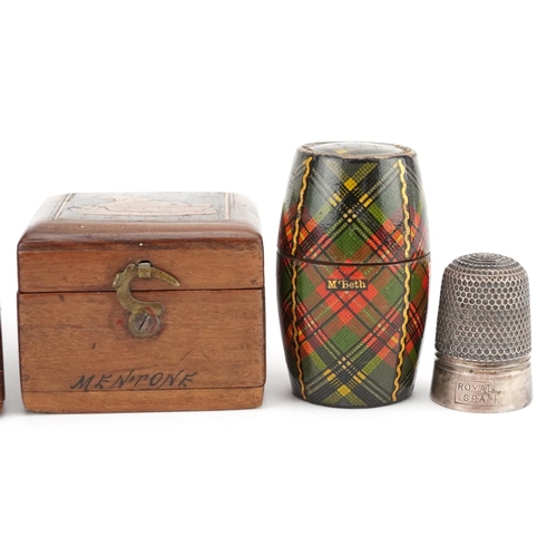 126 - Two Sorrento ware trinket boxes and a Tartan ware thimble case housing a silver thimble, the largest... 