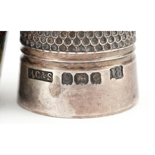 126 - Two Sorrento ware trinket boxes and a Tartan ware thimble case housing a silver thimble, the largest... 