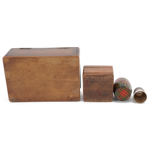 126 - Two Sorrento ware trinket boxes and a Tartan ware thimble case housing a silver thimble, the largest... 