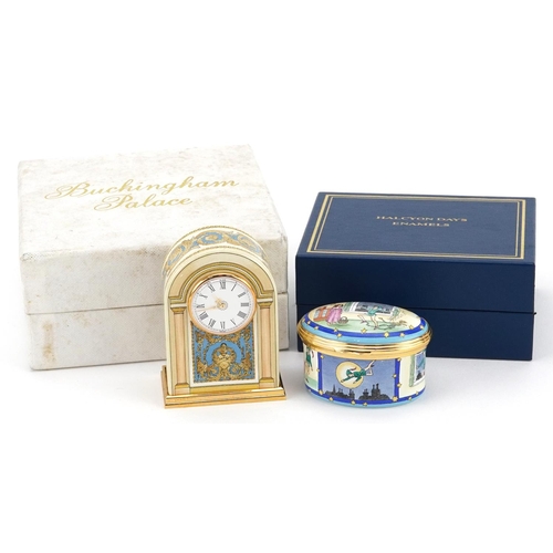 402 - A Halcyon Days enamelled Peter Pan trinket box and a Buckingham Palace enamelled clock, each with fi... 