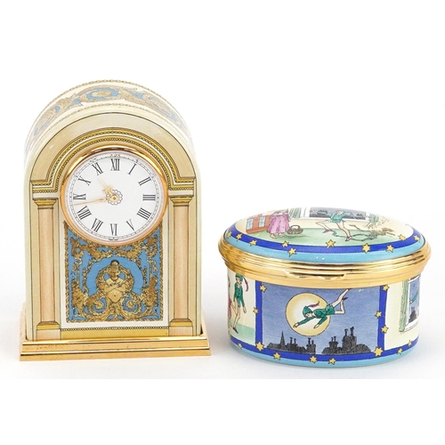 402 - A Halcyon Days enamelled Peter Pan trinket box and a Buckingham Palace enamelled clock, each with fi... 