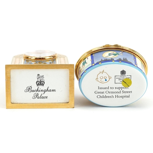 402 - A Halcyon Days enamelled Peter Pan trinket box and a Buckingham Palace enamelled clock, each with fi... 