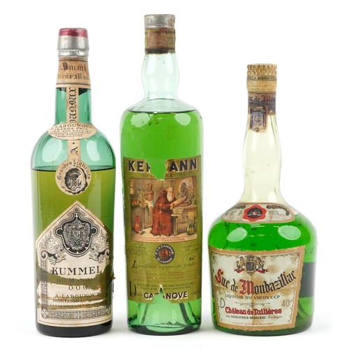 395 - Three bottles of liqueur including Sue de Monbazillar and Kummel.