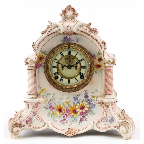 333 - A Victorian Royal Bonn hand painted porcelain Ansonia striking mantle clock, the enamelled chapter r... 