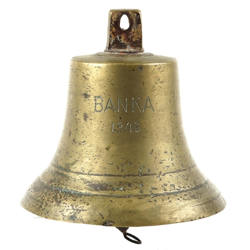 A large bronze 20th century naval interest ship's bell engraved BANKA 1948, 28cm high x 30cm in diameter