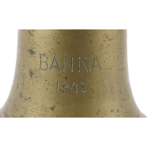  A large bronze 20th century naval interest ship's bell engraved BANKA 1948, 28cm high x 30cm in diam... 