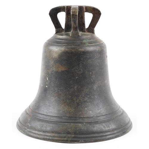 717 - British military issue bronze bell engraved C.S.V. Kinbrace, 27cm high x 27cm in diameter.