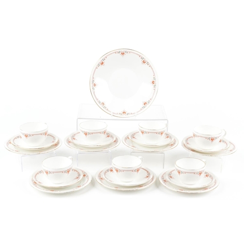 438 - A set of seven Shelley Art Deco trios and bread plate, pattern number 8428, the largest 22.5cm in di... 