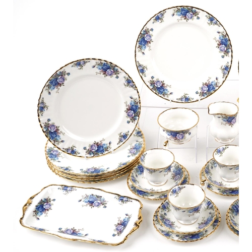 446 - Royal Albert Moonlight Rose six place dinner/tea service, the dinner plates 26.5cm in diameter.