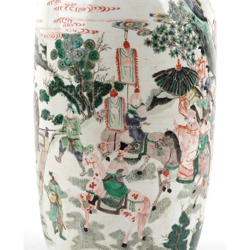 214 - A 20th century Chinese porcelain Rouleau vase hand painted with figures and warriors in a landscape ... 