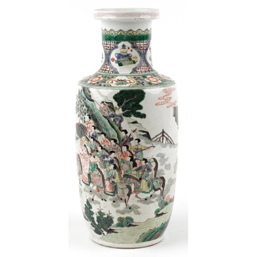 214 - A 20th century Chinese porcelain Rouleau vase hand painted with figures and warriors in a landscape ... 