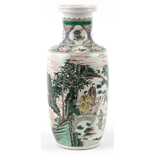 214 - A 20th century Chinese porcelain Rouleau vase hand painted with figures and warriors in a landscape ... 