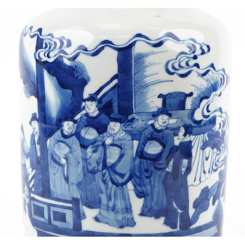 175 - A Chinese blue and white porcelain Rouleau vase hand painted with emperors and warriors on horseback... 