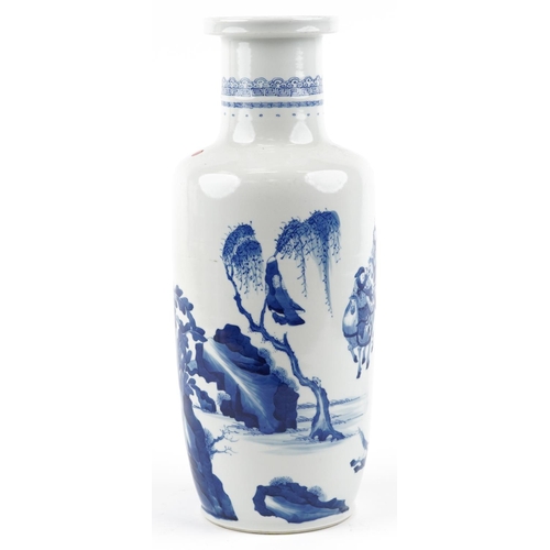 175 - A Chinese blue and white porcelain Rouleau vase hand painted with emperors and warriors on horseback... 