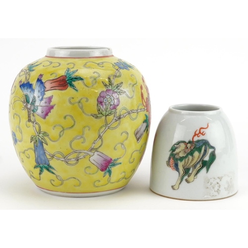 247 - A Chinese porcelain yellow ground ginger jar hand painted with insects and flowers together with a C... 