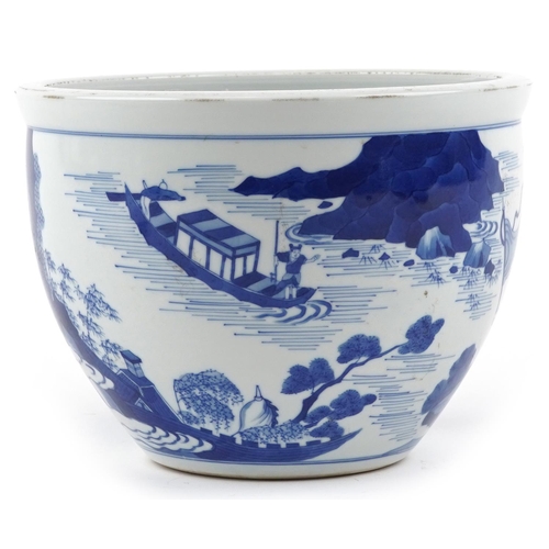 142 - A 20th century Chinese blue and white porcelain jardinière hand painted with figures on boats before... 