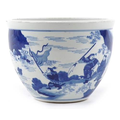 142 - A 20th century Chinese blue and white porcelain jardinière hand painted with figures on boats before... 