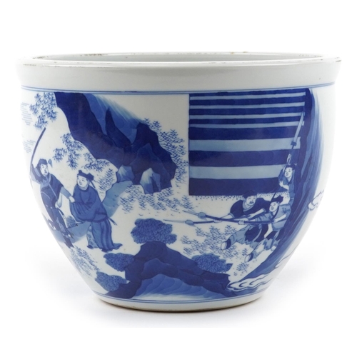 142 - A 20th century Chinese blue and white porcelain jardinière hand painted with figures on boats before... 