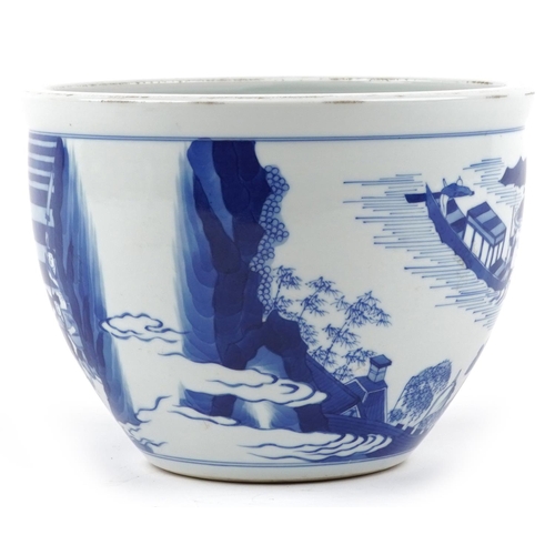 142 - A 20th century Chinese blue and white porcelain jardinière hand painted with figures on boats before... 