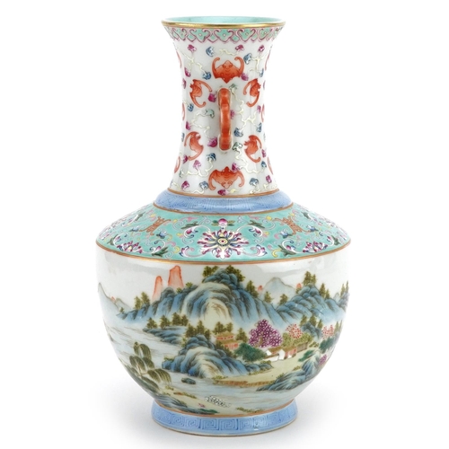 50 - A 20th century Chinese porcelain vase hand painted with landscape scenes and bats, character marks t... 