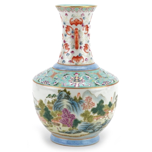 50 - A 20th century Chinese porcelain vase hand painted with landscape scenes and bats, character marks t... 